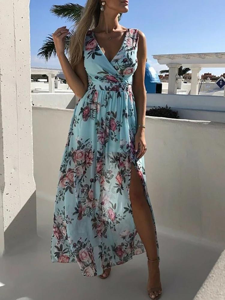 Floral Print V Neck High Slit Maxi Beach Dress - LuckyFash™