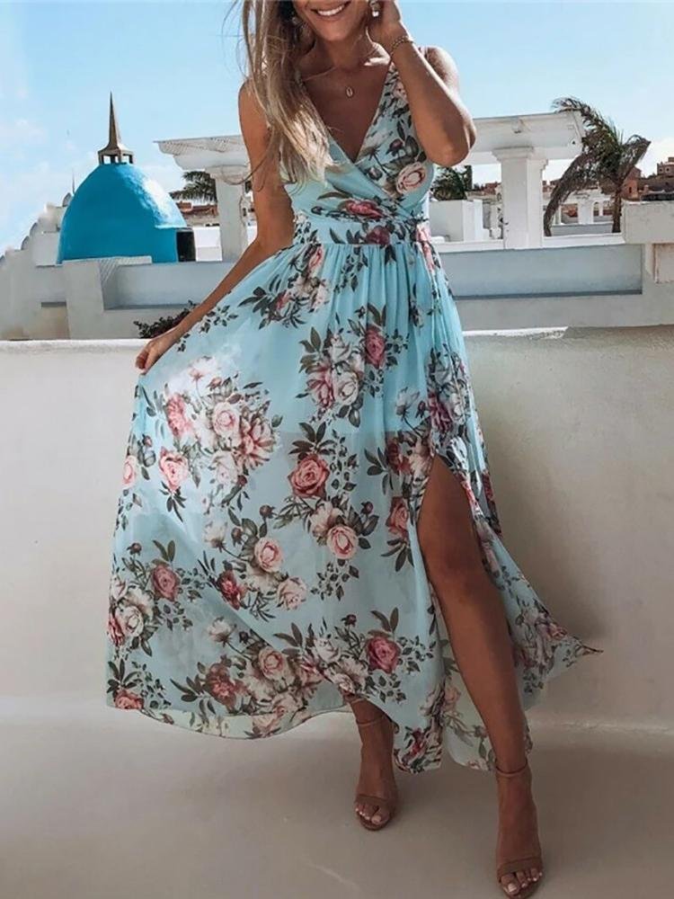 Floral Print V Neck High Slit Maxi Beach Dress - LuckyFash™