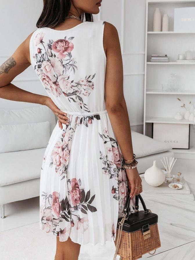 Floral Print V Neck Pleated Dress - LuckyFash™
