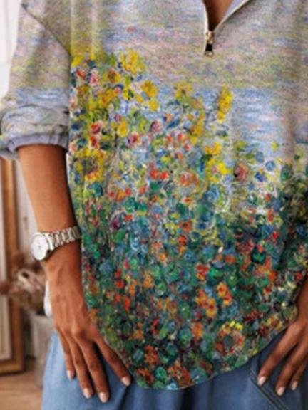 Floral Print Zip V-neck Top - LuckyFash™