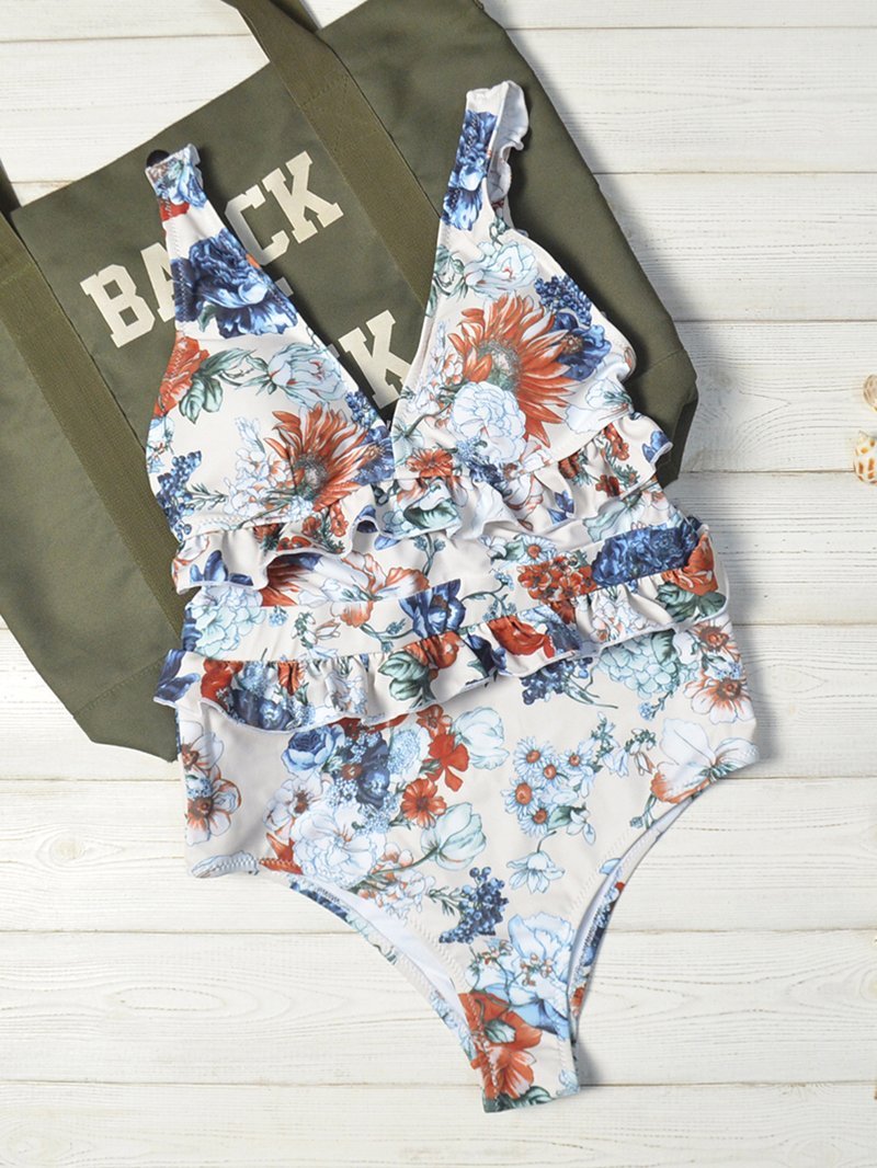 Floral Printed Backless Ruffle One-piece Swimsuit - LuckyFash™