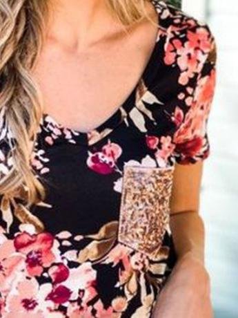 Floral Sequins Pocket V-neck T-shirt - LuckyFash™