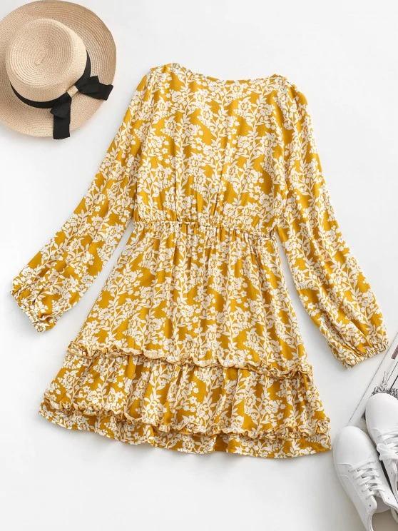 Floral Tie Front Ruffles Long Sleeve Dress - LuckyFash™