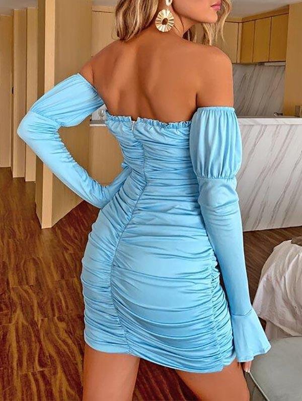 Flounce Sleeve Lace Up Front Ruched Bardot Dress - LuckyFash™