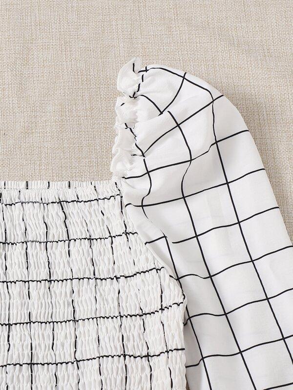 Flounce Sleeve Plaid Shirred Crop Blouse - LuckyFash™