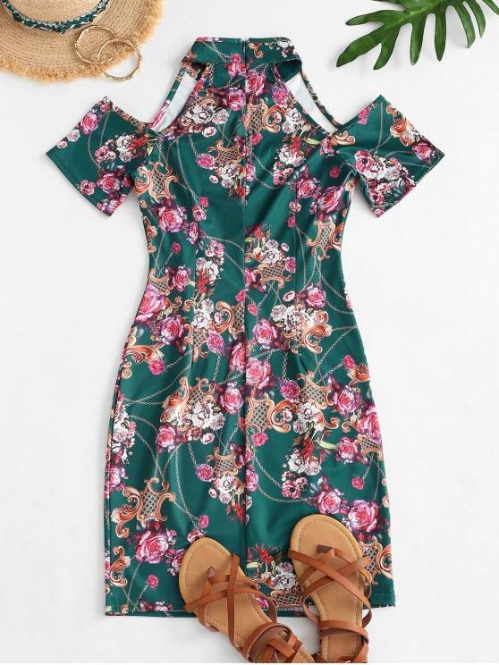 Flower Chain Print Cold Shoulder Slit Mandarin Dress - LuckyFash™