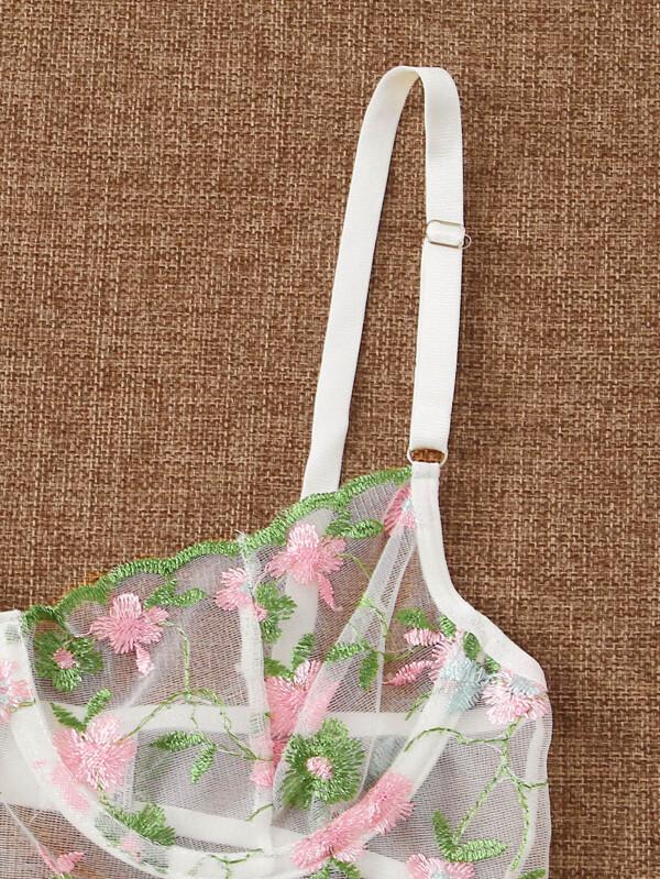 Flower Embroidery Mesh Bra & Thong & Garter - LuckyFash™