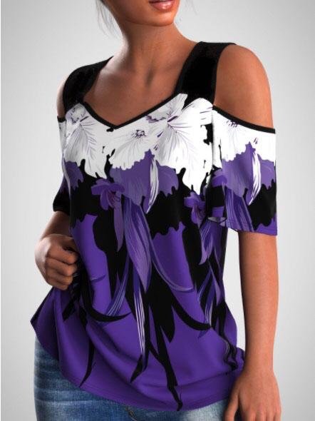 Flower Print Cold Shoulder Lace Stitching T-shirt - LuckyFash™