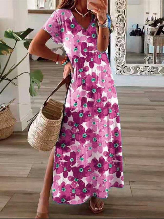 Flower Print V-Neck Short Sleeve Split Dress - LuckyFash™