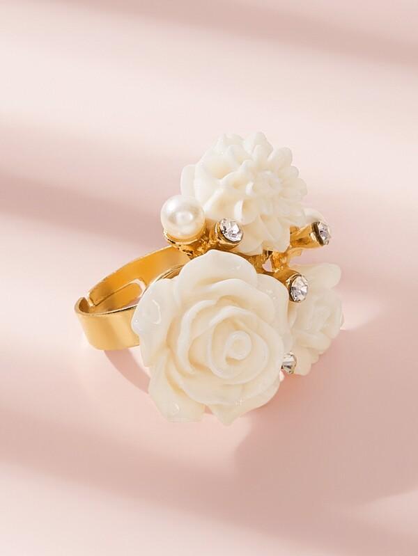 Flower & Rhinestone Decor Ring 1pc - LuckyFash™