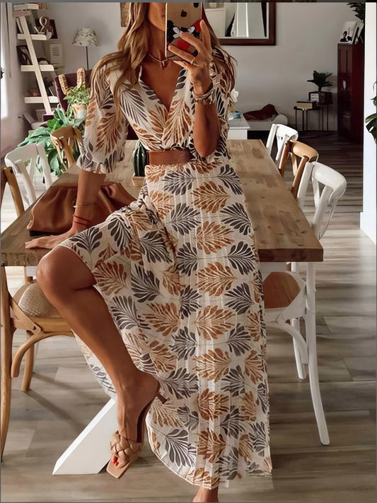 Flowy V-neck Printed Belted Holiday Dress - LuckyFash™