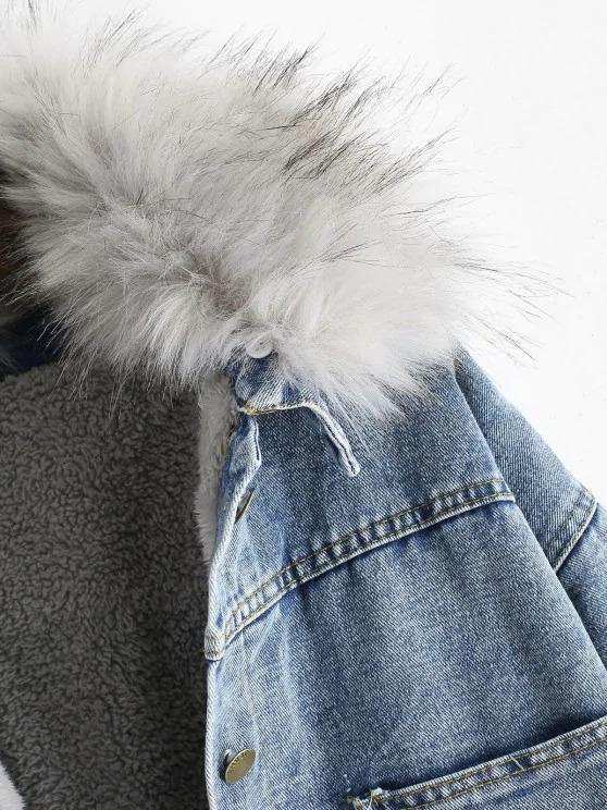 Fluffy Lined Denim Jacket with Detachable Faux Fur Collar - LuckyFash™