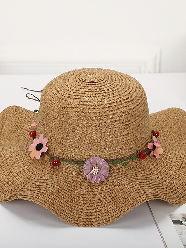 Women's Hat Straw Hat Sun Hat White Blue Khaki Lawn Festival Bow Print Flower Portable Windproof Breathable - LuckyFash™
