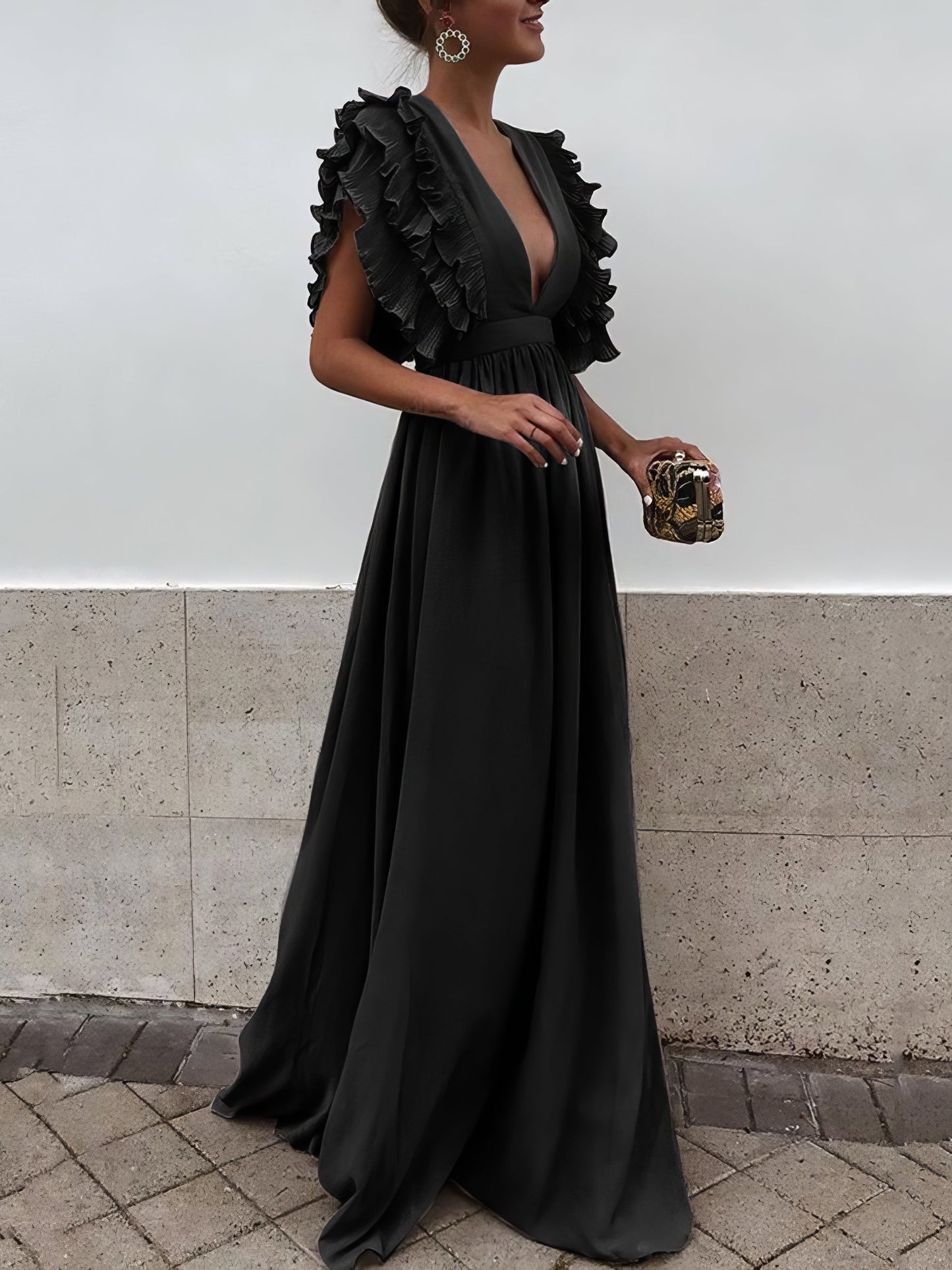 Flying Sleeves V-neck Open Back Solid Long Flowy Dress - LuckyFash™