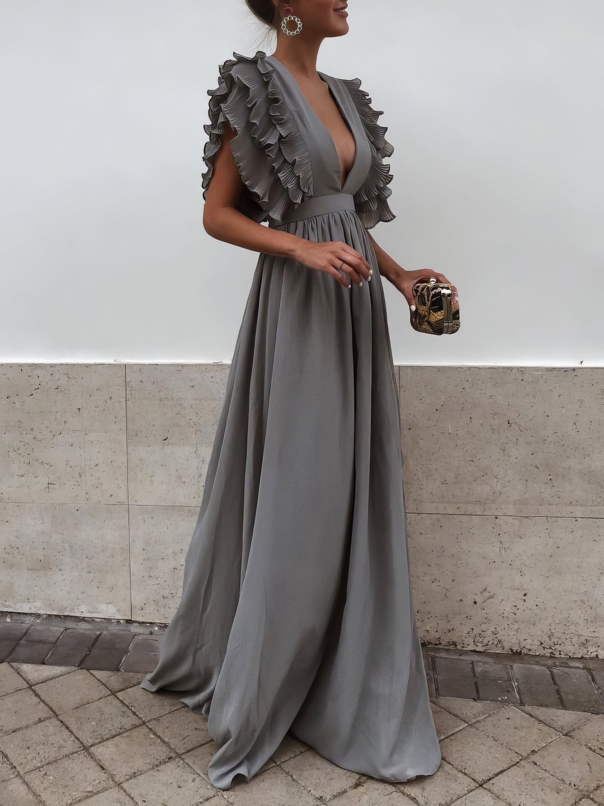 Flying Sleeves V-neck Open Back Solid Long Flowy Dress - LuckyFash™