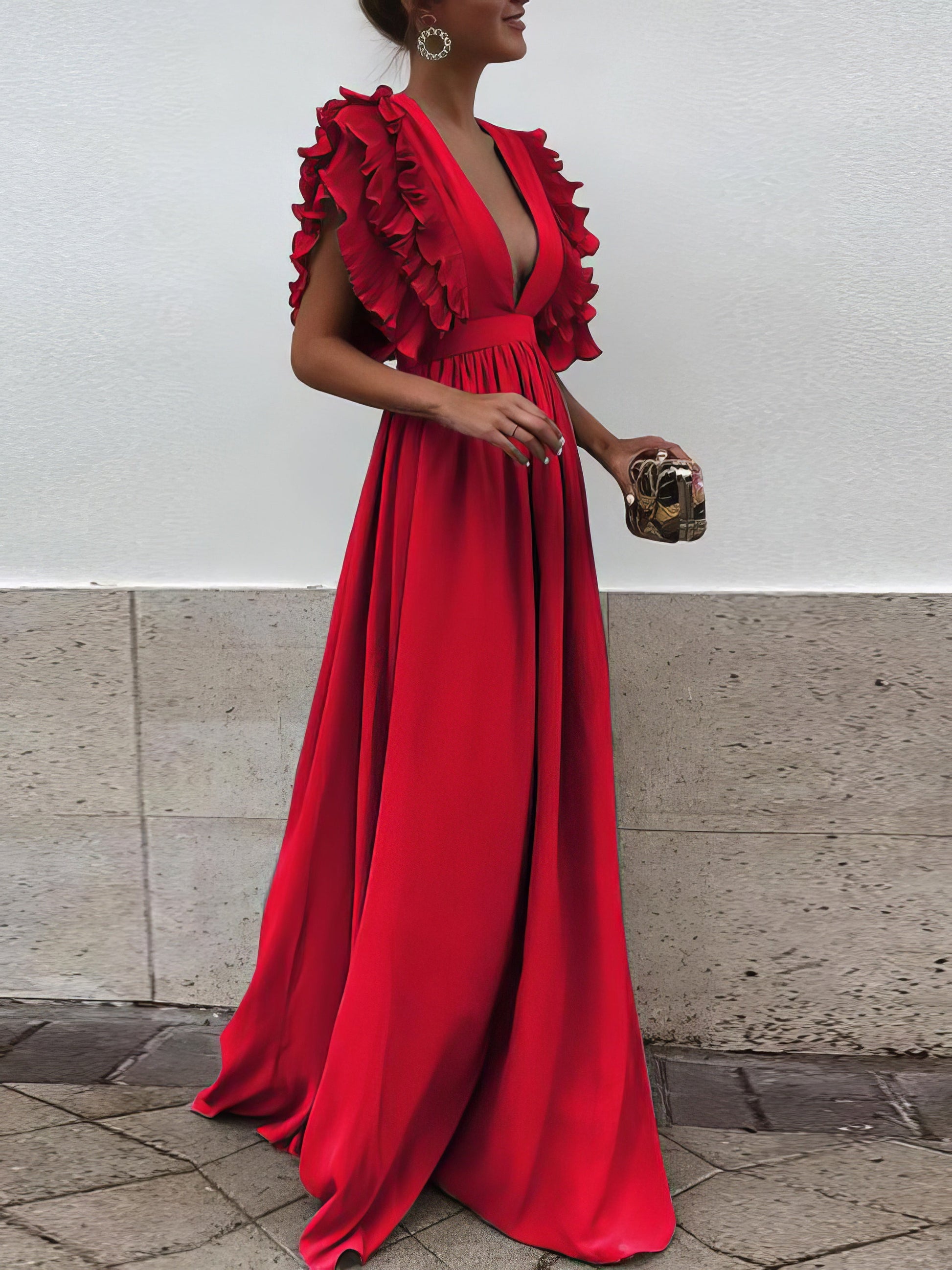 Flying Sleeves V-neck Open Back Solid Long Flowy Dress - LuckyFash™