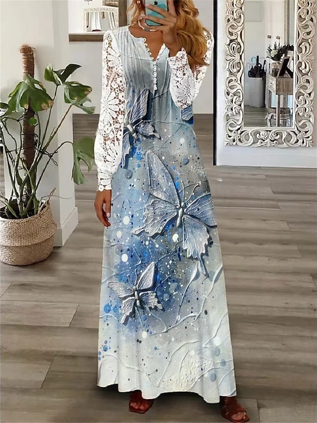 Women's Floral Lace Pleated Dresses Long Dress Maxi Dress A Line Dress Print Dress Spring Dress Butterfly Modern Date Vacation Weekend Long Sleeve V Neck Dress Blue Summer Spring S M L XL XXL - LuckyFash™