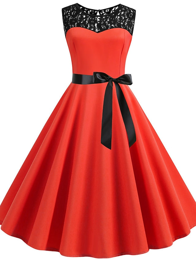 Women's Lace Dress Vintage Dress Swing Dress Midi Dress Light Blue Wine Red Black Sleeveless Print Lace up Summer Spring Fall Crew Neck 1950s Party Spring Dress 2023 S M L XL XXL - LuckyFash™