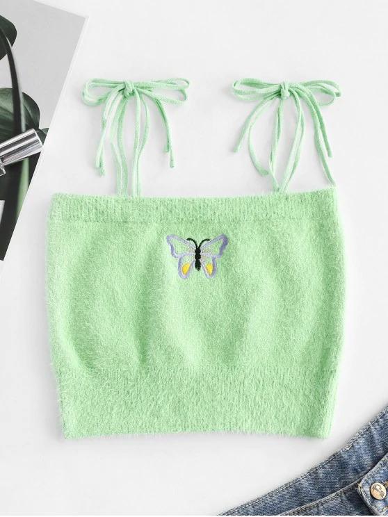 Fuzzy Tie Shoulder Butterfly Embroidered Crop Top - LuckyFash™