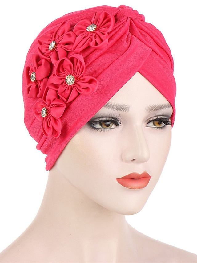 Elegant Women Five Flowers Turban Caps Muslim Elastic Crystal Party Headscarf Bonnet Ladies Hair Accessories Indian Cap - LuckyFash™