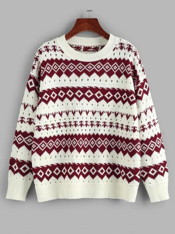 Geo Drop Shoulder Pointelle Knit Sweater - LuckyFash™