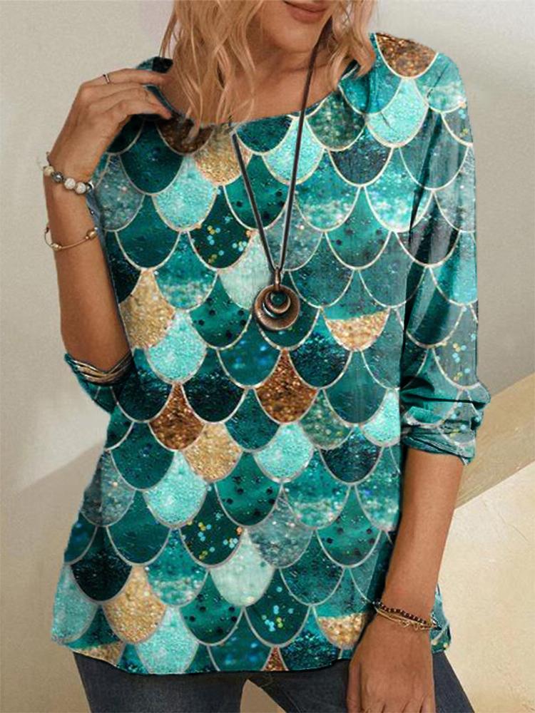 Geometric Print Round Neck Long Sleeve T-shirt - LuckyFash™