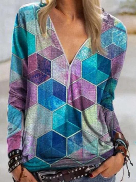 Geometric Print V-neck Zipper Long-sleeved T-shirt - LuckyFash™