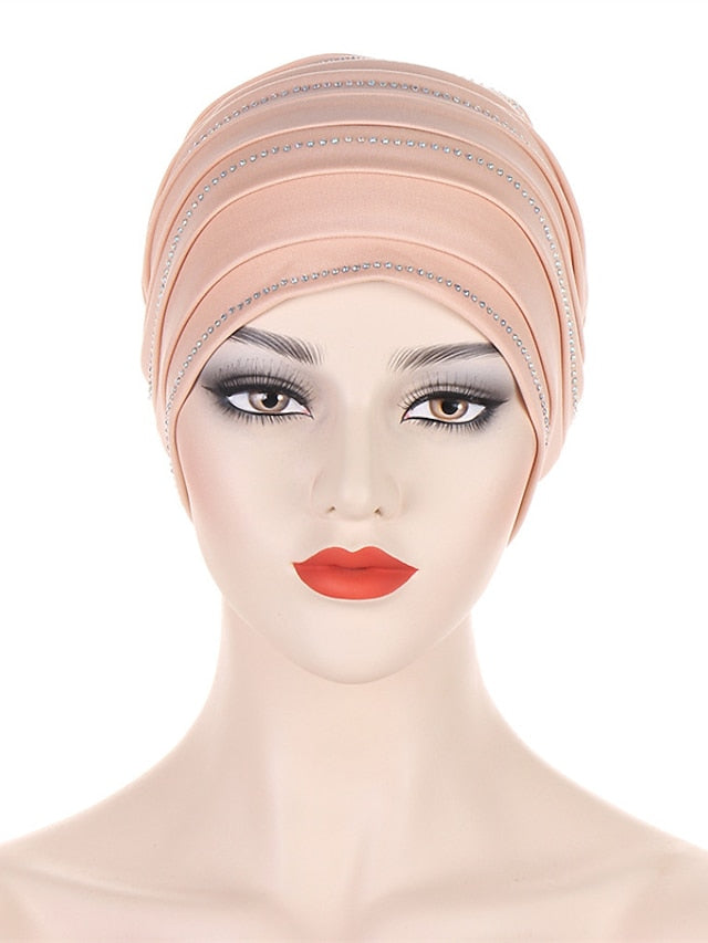 Rhinestones Women's Pleated Turban Cap African Hat Muslim Headscarf Bonnet Ladies Head Wraps - LuckyFash™