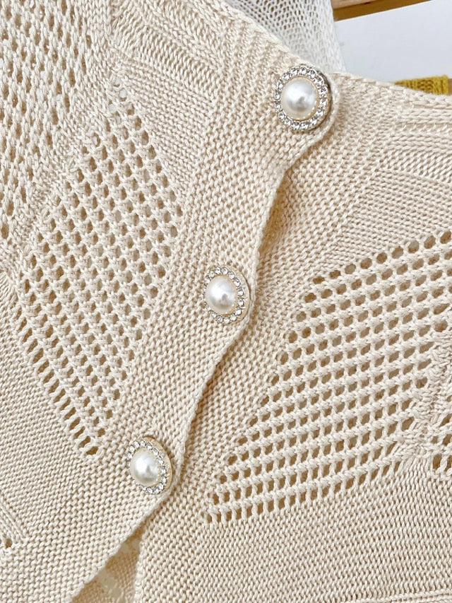 Solid Color Knitted Hollow Shawl Women's Summer Air-conditioned Elegant Vest with Pearl Button Womens Cape Sunscreen Fake Collar - LuckyFash™