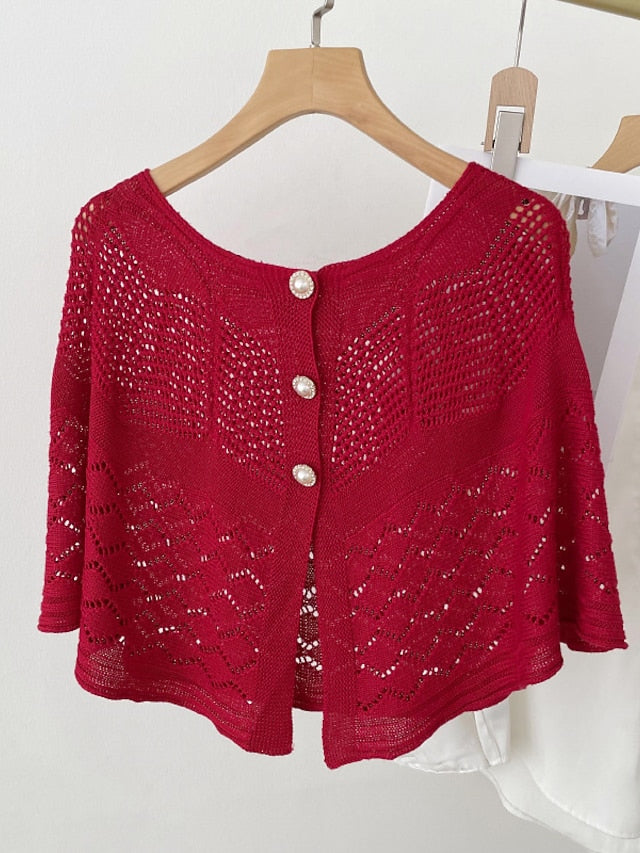 Solid Color Knitted Hollow Shawl Women's Summer Air-conditioned Elegant Vest with Pearl Button Womens Cape Sunscreen Fake Collar - LuckyFash™