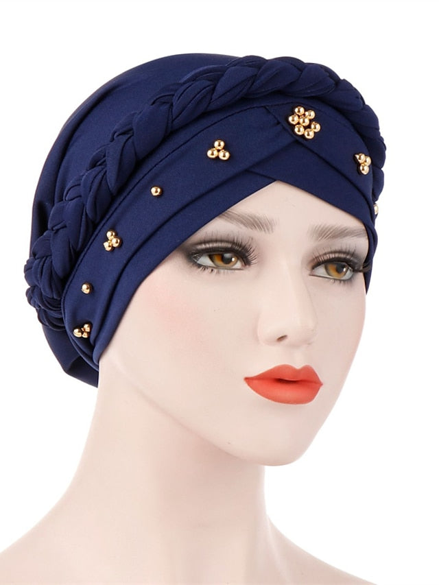 Women Lady Gold Beads Muslim Braid Head Turban Soft Islamic Arab Cap Hat Hair Care Bonnet Beanies Fashion for Women - LuckyFash™