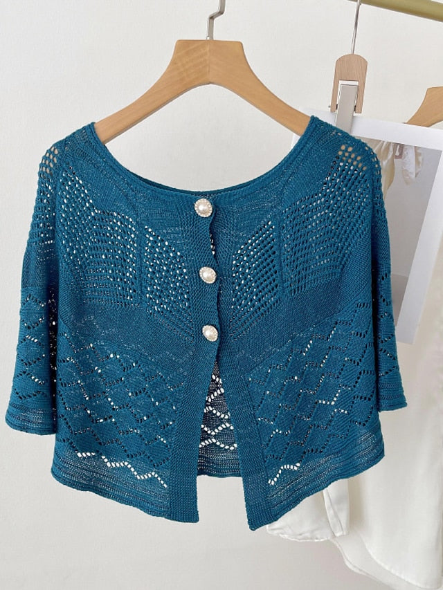 Solid Color Knitted Hollow Shawl Women's Summer Air-conditioned Elegant Vest with Pearl Button Womens Cape Sunscreen Fake Collar - LuckyFash™