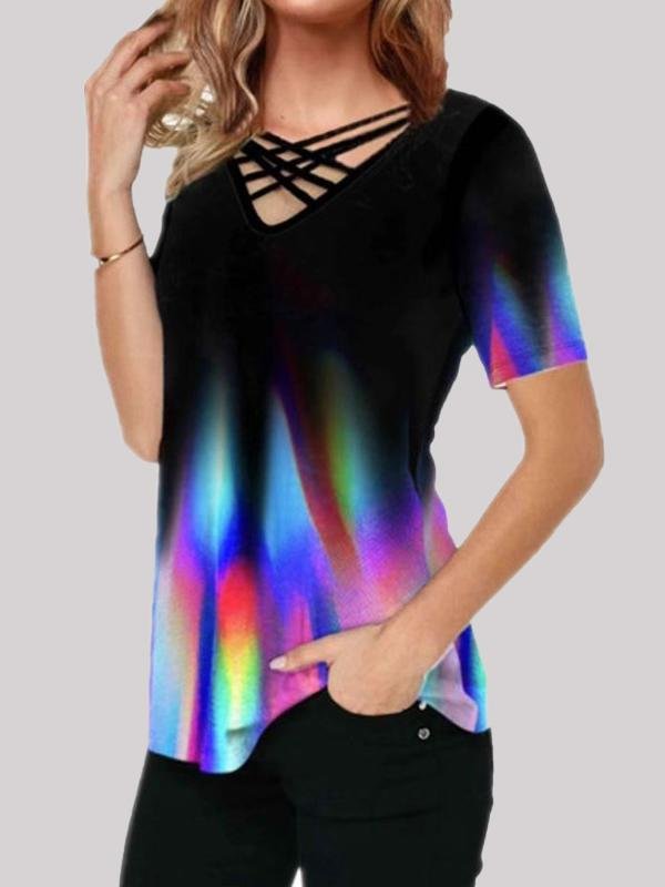Gradient Print Casual Short-sleeved V-neck T-shirt - LuckyFash™