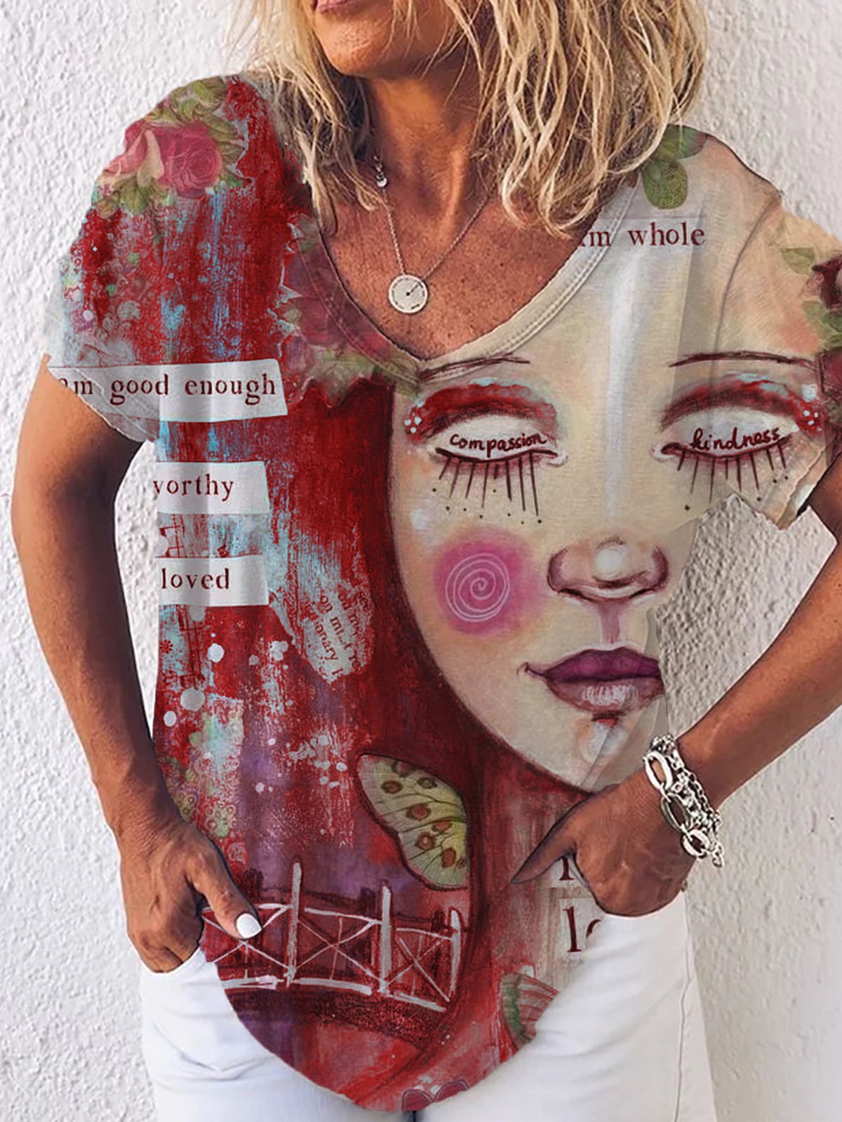 Graphic Gradient V-Neck Print Short Sleeve T-Shirt - LuckyFash™