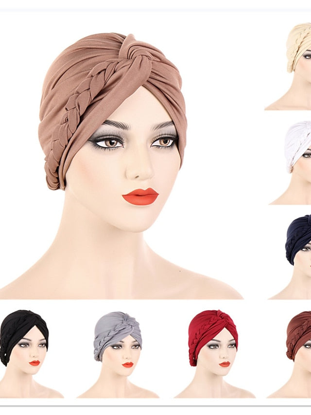 Women Lady Muslim Braid Head Turban Wrap Plain Color Islamic Arab Cap Hat Hair Loss Bonnet Beanies - LuckyFash™