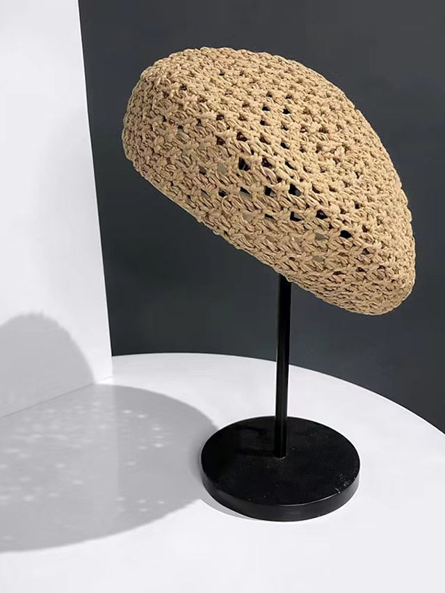 Spring Summer Breathable Straw Hat Female Unique Beret Black Khaki Beige British Beret Hat Hollow Artistic Painter Hat - LuckyFash™