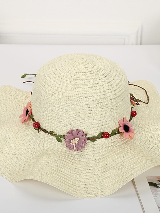 Women's Hat Straw Hat Sun Hat White Blue Khaki Lawn Festival Bow Print Flower Portable Windproof Breathable - LuckyFash™
