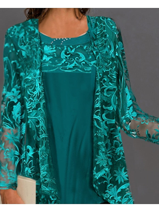 Women's Lace Dress Dress Set Two Piece Dress Midi Dress Dark Green Long Sleeve Embroidery Ruched Summer Spring Crew Neck Modern Winter Dress Fall Dress 2023 S M L XL XXL 3XL - LuckyFash™