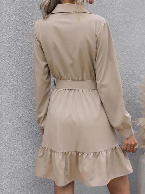 Half Button Belted Flounce Shirt Dress - LuckyFash™