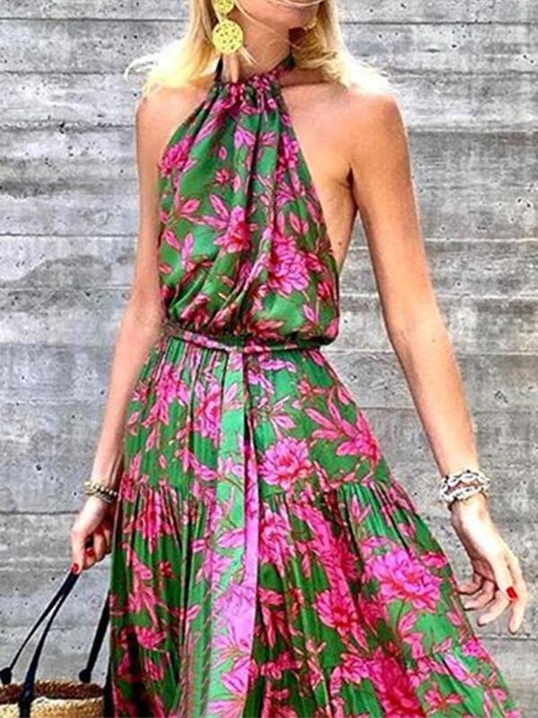 Halter Backless Off Shoulder Print Maxi Dress - LuckyFash™