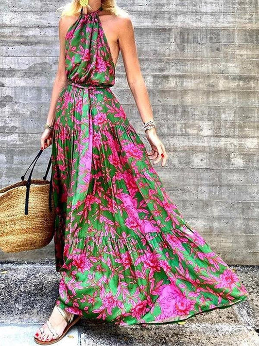 Halter Backless Off Shoulder Print Maxi Dress - LuckyFash™