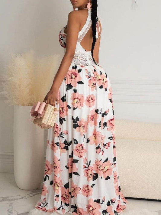 Halter Floral Print Crisscross Backless Maxi Dress - LuckyFash™