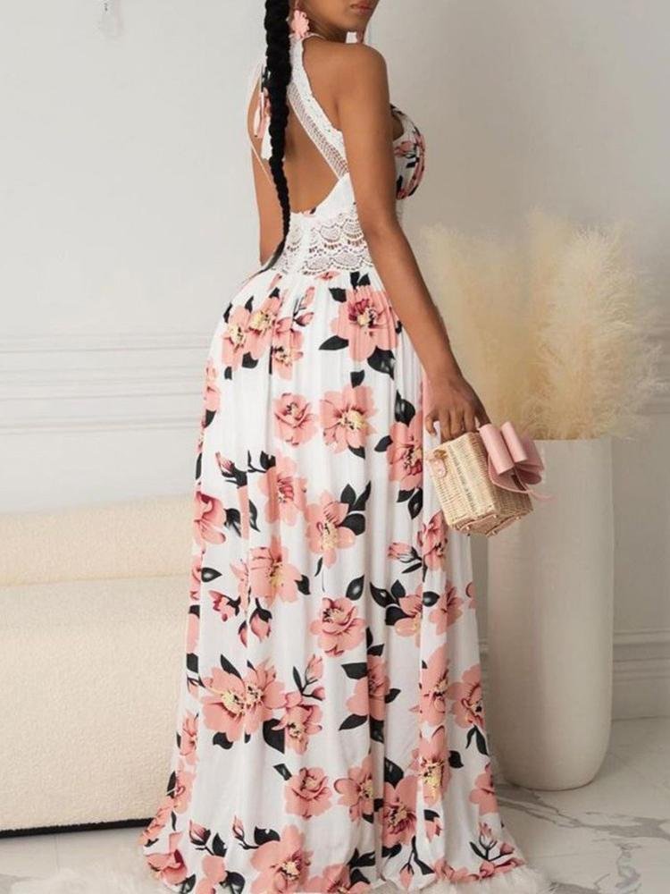 Halter Floral Print Crisscross Backless Maxi Dress - LuckyFash™