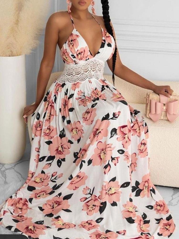 Halter Floral Print Crisscross Backless Maxi Dress - LuckyFash™