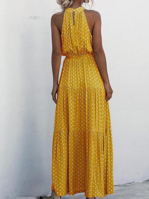 Halter Self Tie Ruffle Hem Polka Dot Dress - LuckyFash™