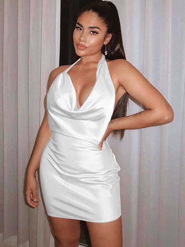 Hanging Neck Satin Backless Bodycon Party Mini Dress - LuckyFash™