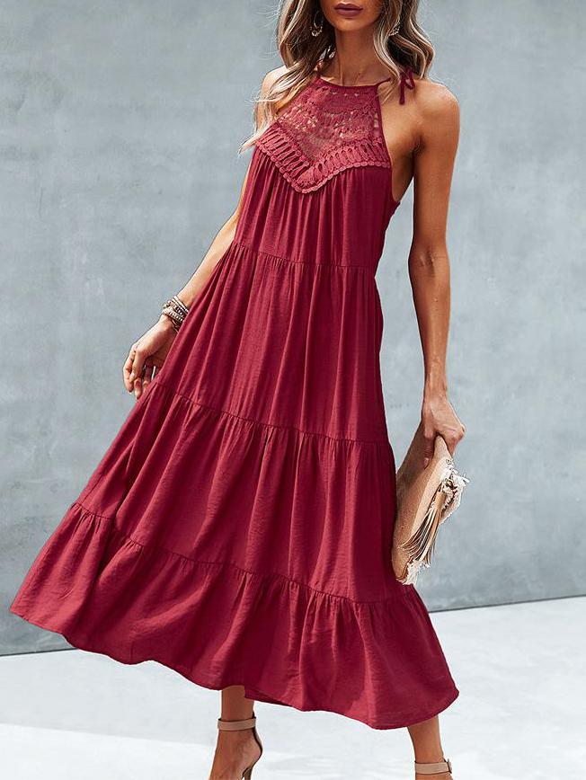 Hanging Neck Solid Color Stitching Big Swing Dress - LuckyFash™