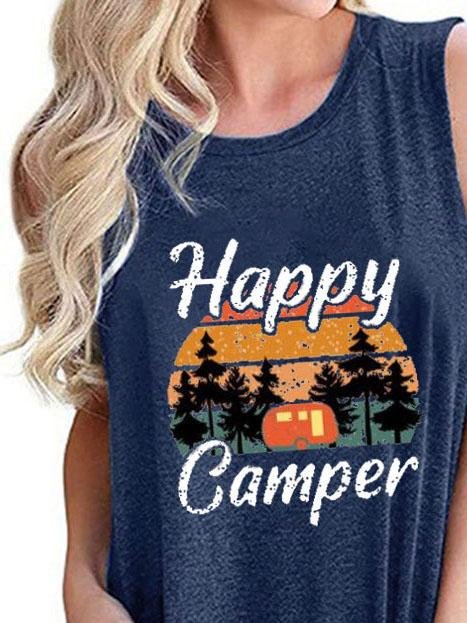 Happy Camper Print Crew Neck Tanks Tops - LuckyFash™