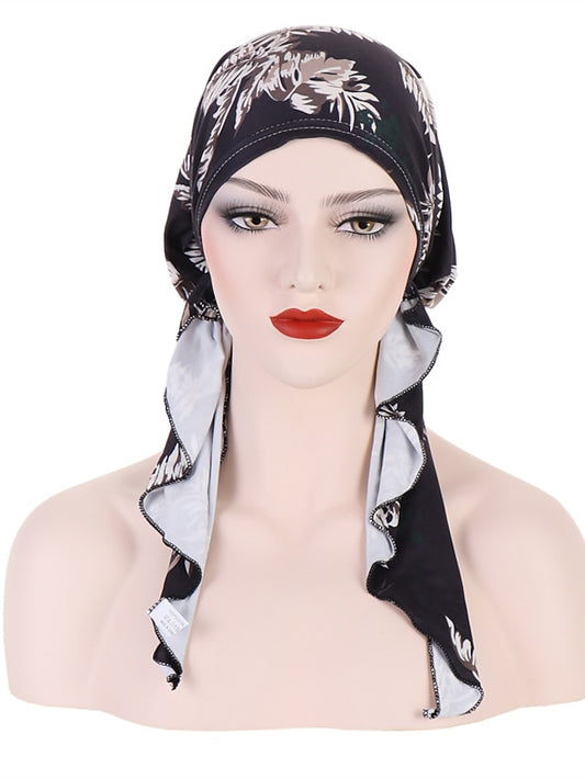 Women Printed Pre-tie Headscarf Elastic Muslim Female Turban Soft Hat Hair Loss Cover Head Wrap Headwear Stretch Bandana - LuckyFash™