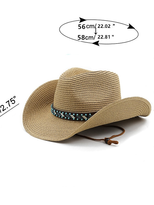 British Wind with Bead Leather Rope Cowgirl Summer Straw Hat for Women Men Western Cowboy Hat Lady Trendy Beach Sun Hat for Women - LuckyFash™